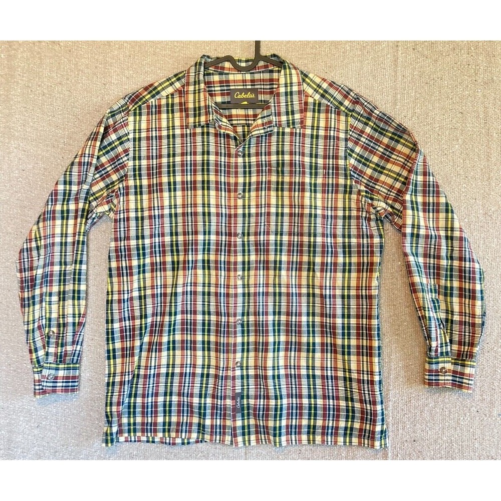 Mens Sz Large CABELAS Multicolor Long Sleeve‎ Gingham Pattern Button Up Shirt